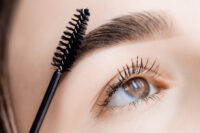 Master with comb of eyebrow hair in women, brow correction in beauty salon