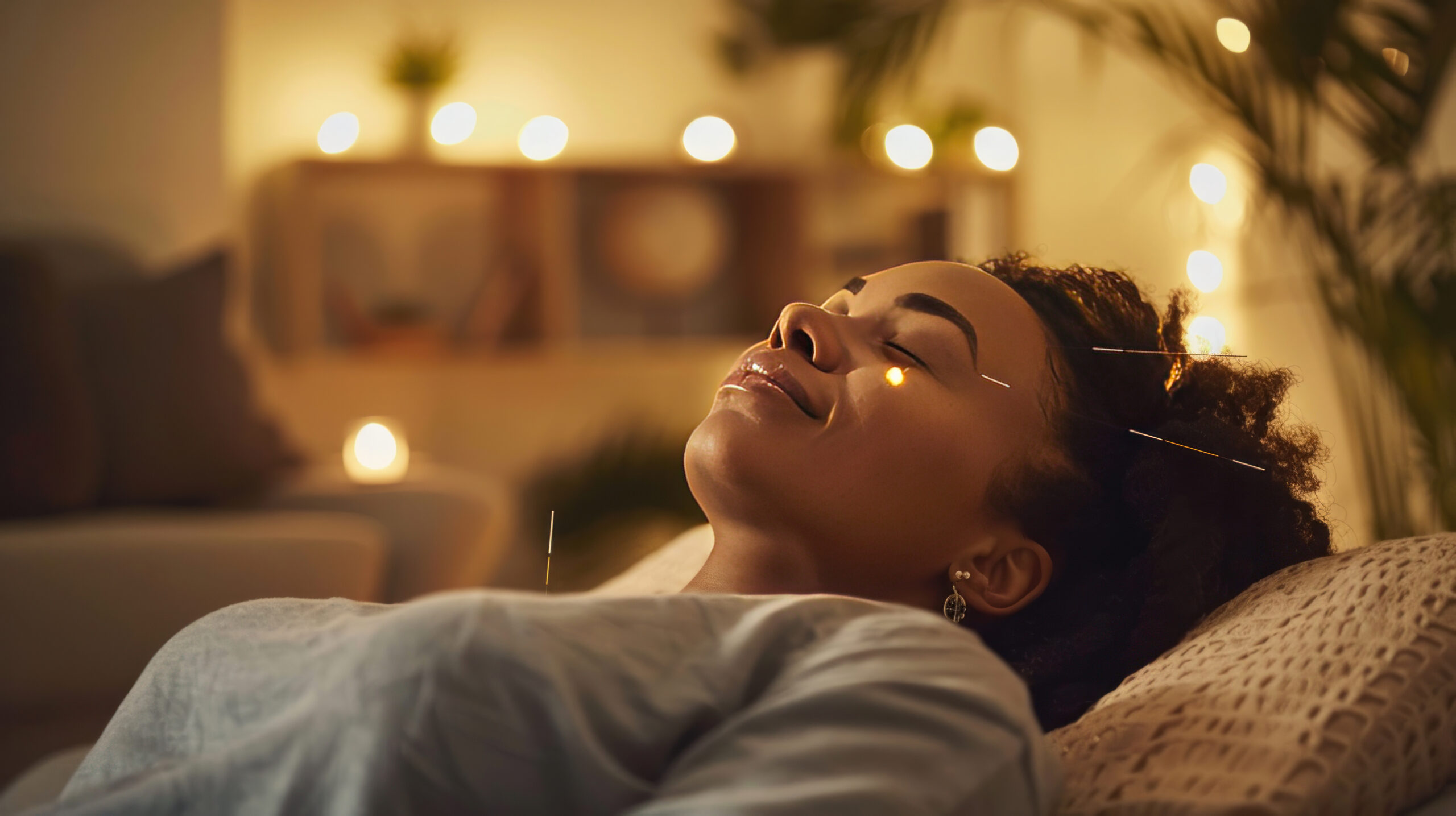 A woman receiving acupuncture as part of her holistic menopause treatment, lying calmly in a softly lit room, peaceful and healing mood