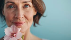 Cropped image of beautiful mid aged woman posing with flower. Concept of menopause. Caring for your skin in menopause. Estrogens and aging skin. Advertising facial anti age products, tighten skin