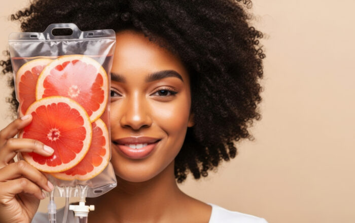 Rejuvenation, revitalization. Smiling African American woman, grapefruit slices in IV vitamin drip saline bag. Vitamin therapy, wellness, beauty. Detox Naturopathic medicine Seattle