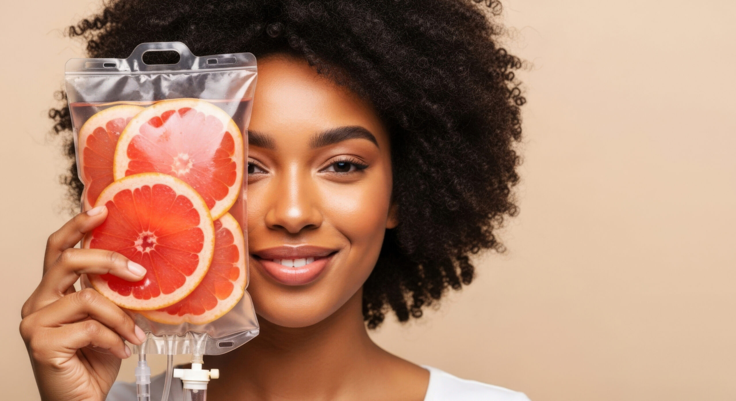 Rejuvenation, revitalization. Smiling African American woman, grapefruit slices in IV vitamin drip saline bag. Vitamin therapy, wellness, beauty. Detox Naturopathic medicine Seattle