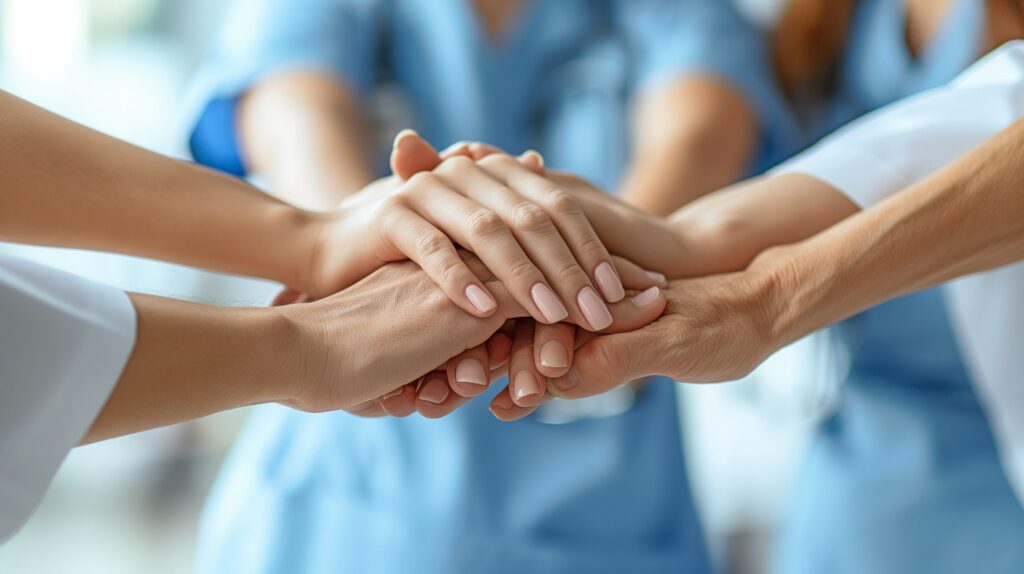 A medical team's doctors and nurses stacking hands