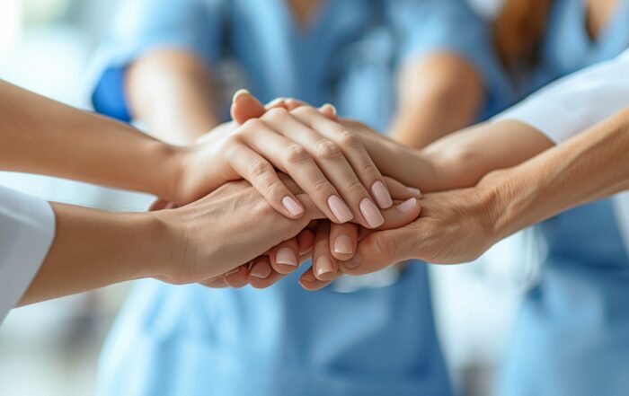 A medical team's doctors and nurses stacking hands