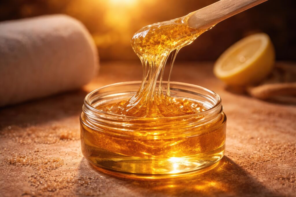 Close view of sugaring paste for hair removal on a textured bright backdrop