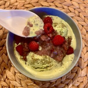 Ruby Congee with Macha Ice cream and fresh Raspberries