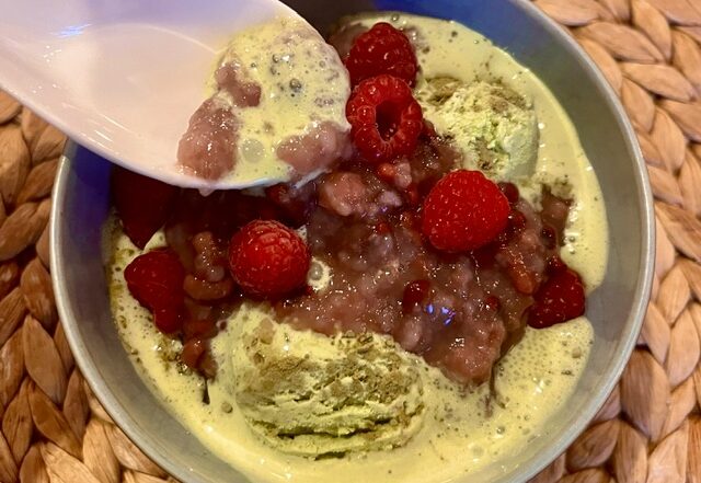 Ruby Congee with Macha Ice cream and fresh Raspberries
