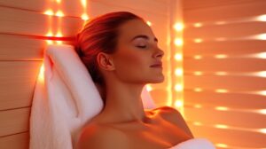 Woman in modern infrared sauna Infrared saunas are a newer wellness trend with unique health benefits